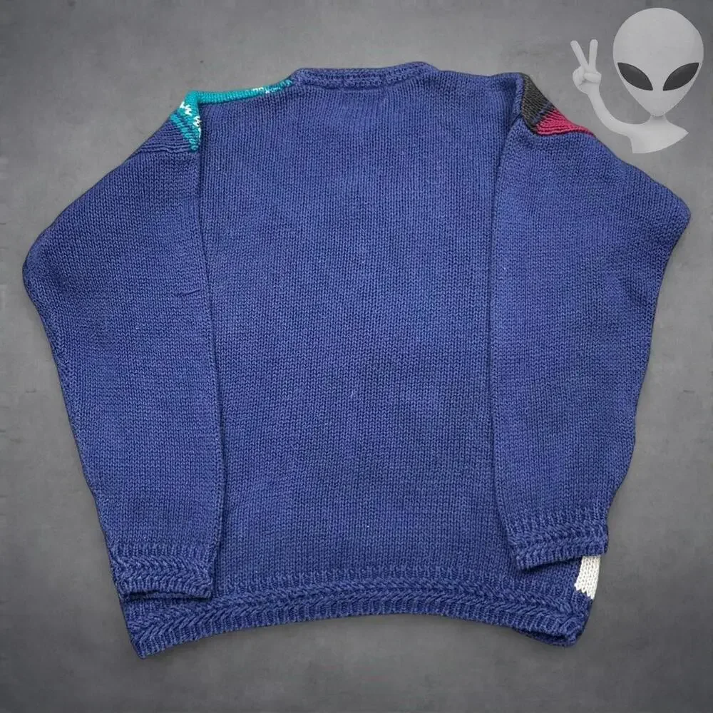 Duplex Knit Sweater Large Blue Multicolor Vintage 80s Pullover - Picture 4 of 5